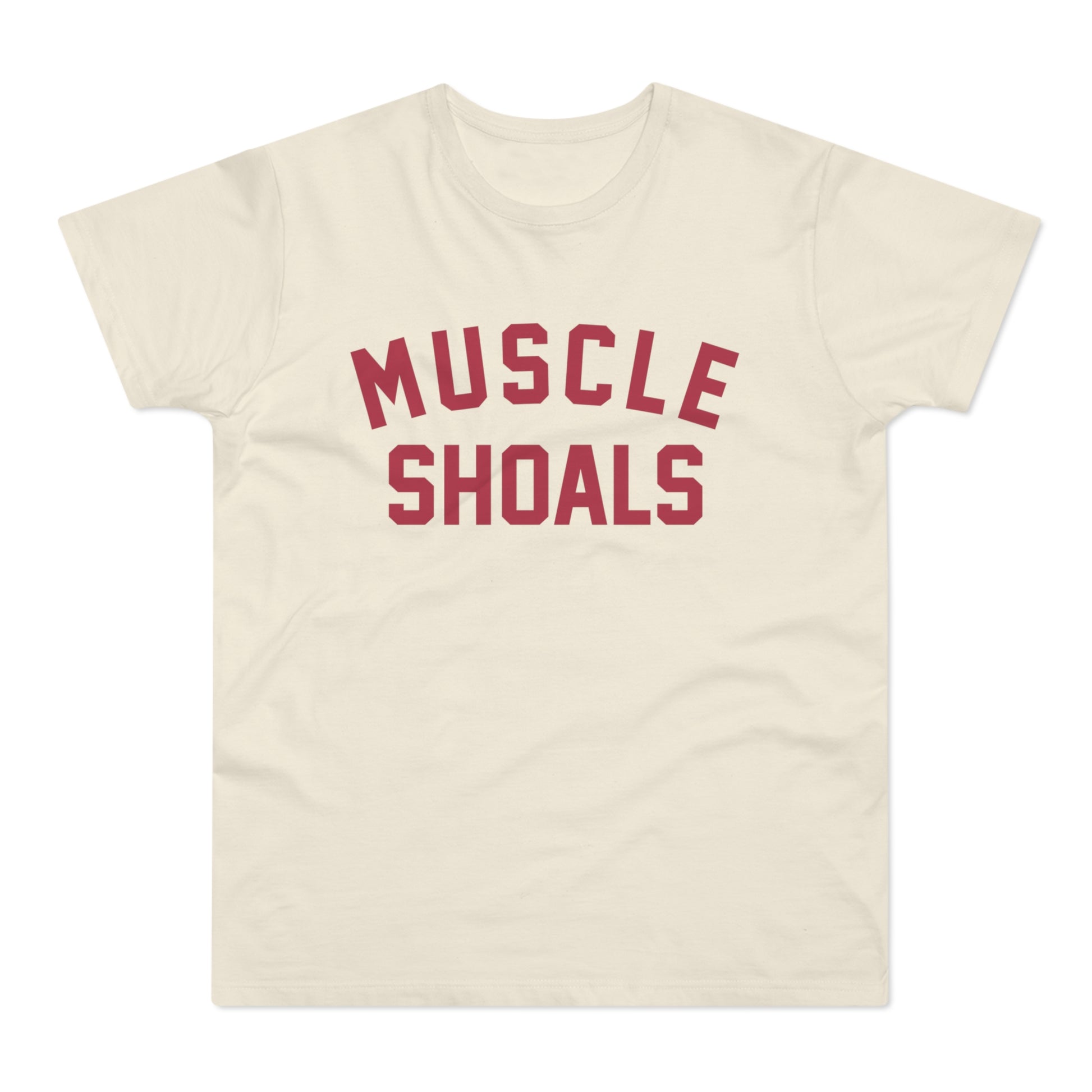 Cream t-shirt with burgundy text "MUSCLE SHOALS" in arched font.