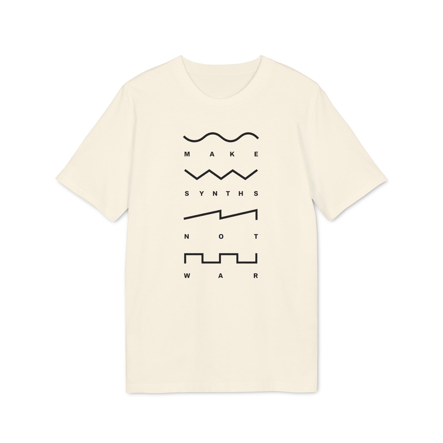 Cream t-shirt with black text and waveform graphics reading "Make Synths Not War".