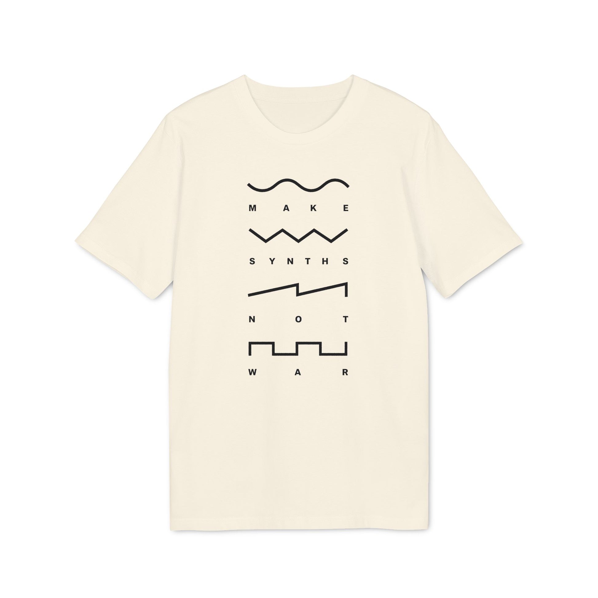 Cream t-shirt with black text and waveform graphics reading "Make Synths Not War".