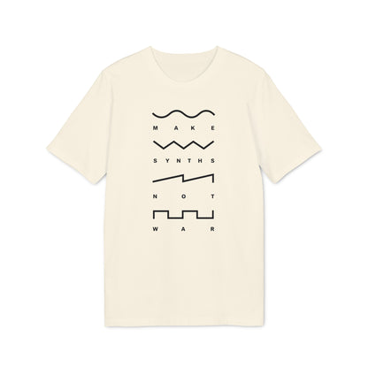 Cream t-shirt with black text and waveform graphics reading "Make Synths Not War".