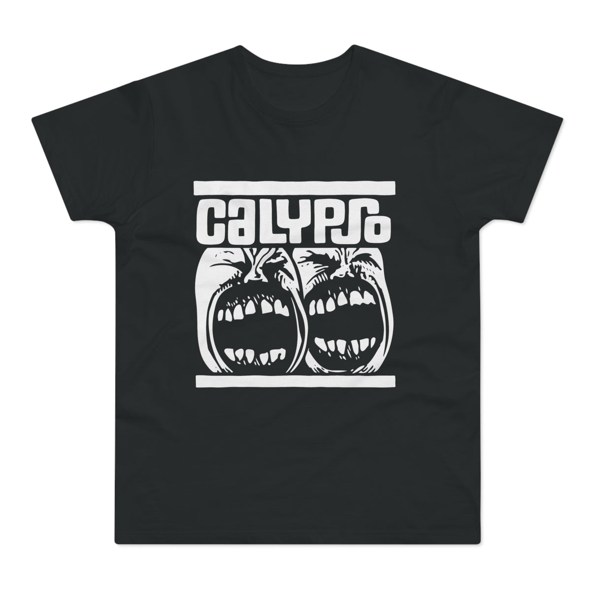 Black t-shirt with white "CALYPSO" text above two screaming faces.