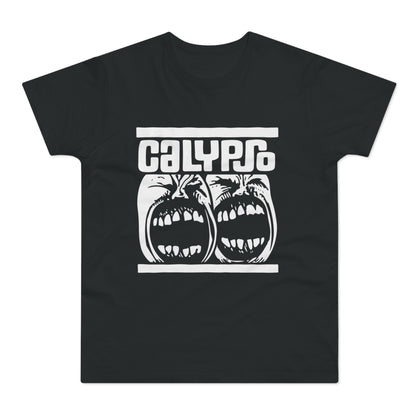 Black t-shirt with white "CALYPSO" text above two screaming faces.