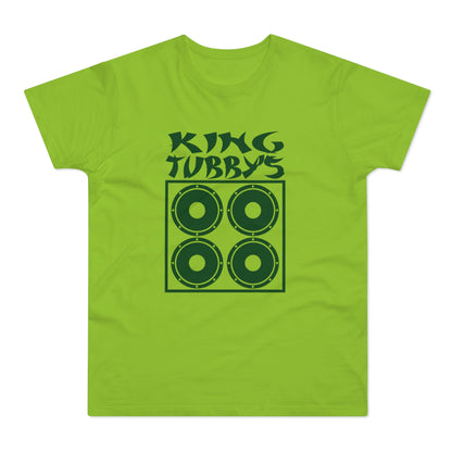Lime green t-shirt with dark green King Tubby's logo and speaker graphic.