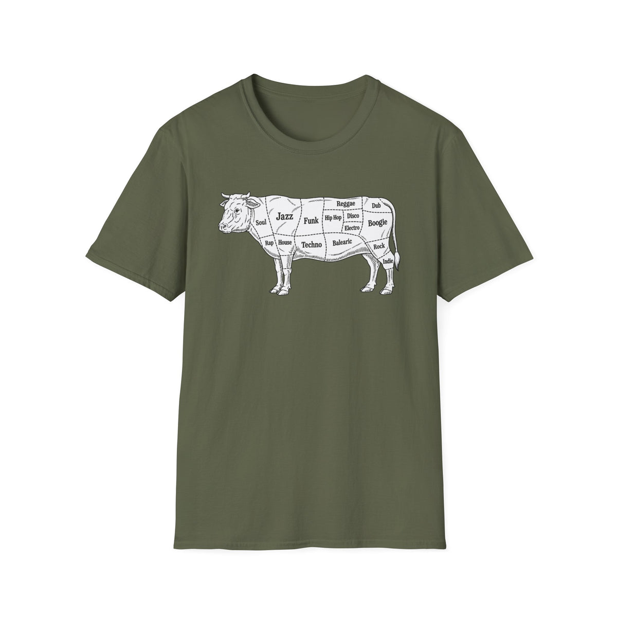 T-shirt with illustration of a cow divided into music genre cuts.