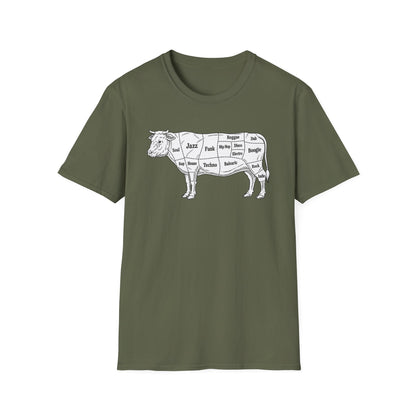 T-shirt with illustration of a cow divided into music genre cuts.