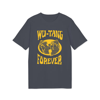 Gray t-shirt with yellow Wu-Tang Forever logo and globe graphic.