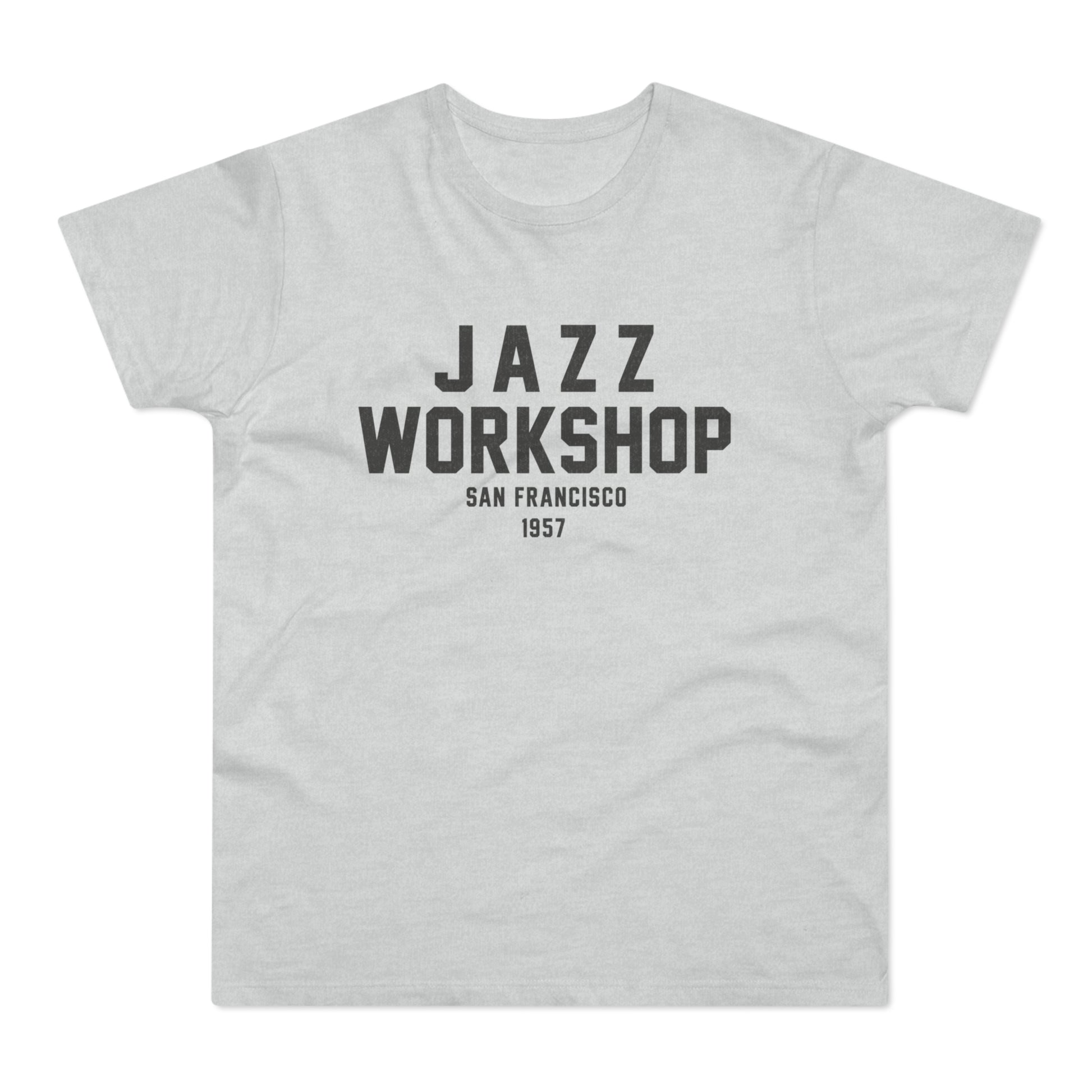 Grey t-shirt with "JAZZ WORKSHOP SAN FRANCISCO 1957" text.