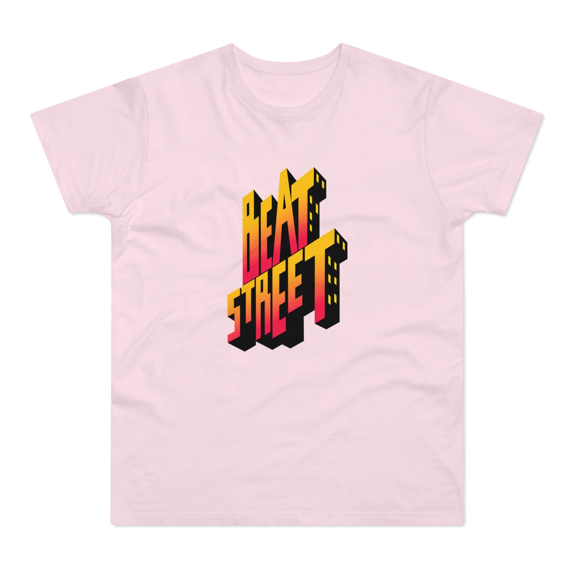 Pink t-shirt with 3D "BEAT STREET" text graphic in yellow and red.
