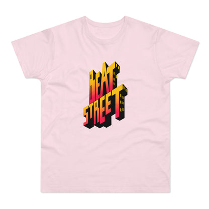 Pink t-shirt with 3D "BEAT STREET" text graphic in yellow and red.