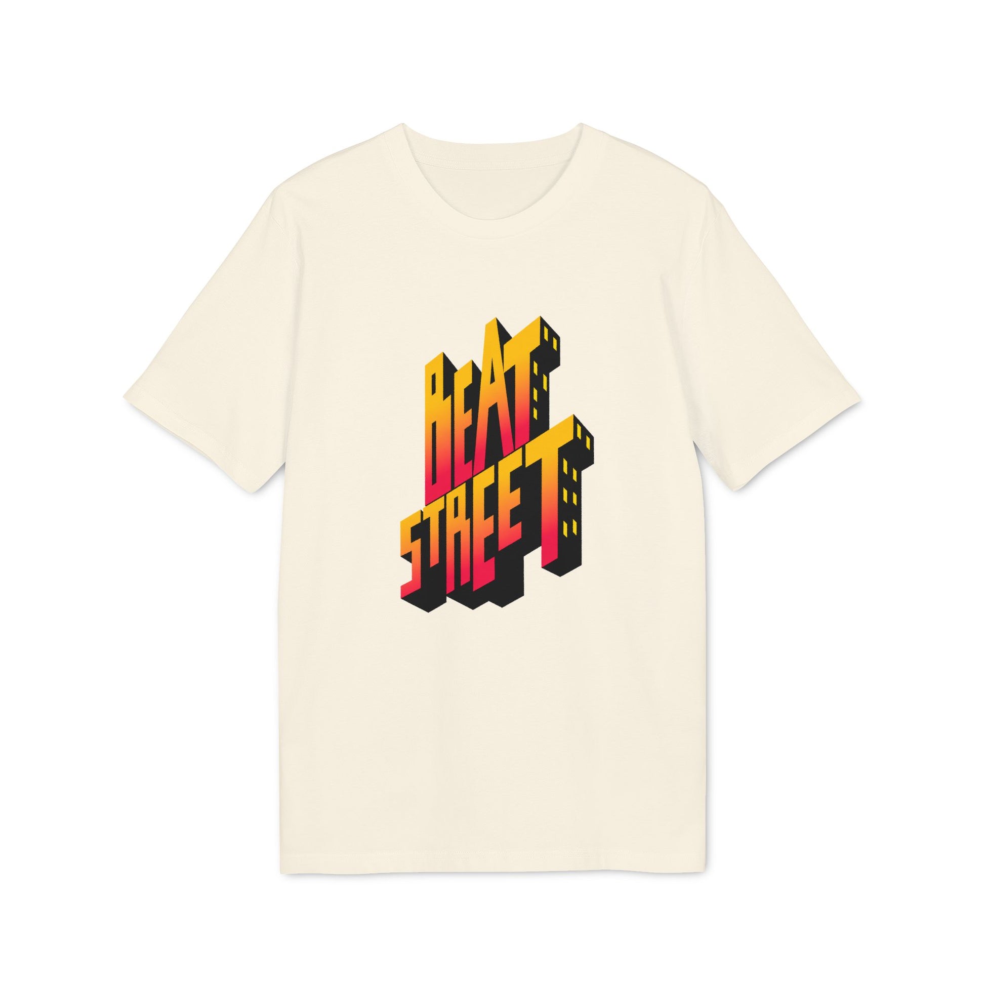 Cream t-shirt with bold, 3D "BEAT STREET" text graphic with city building elements.