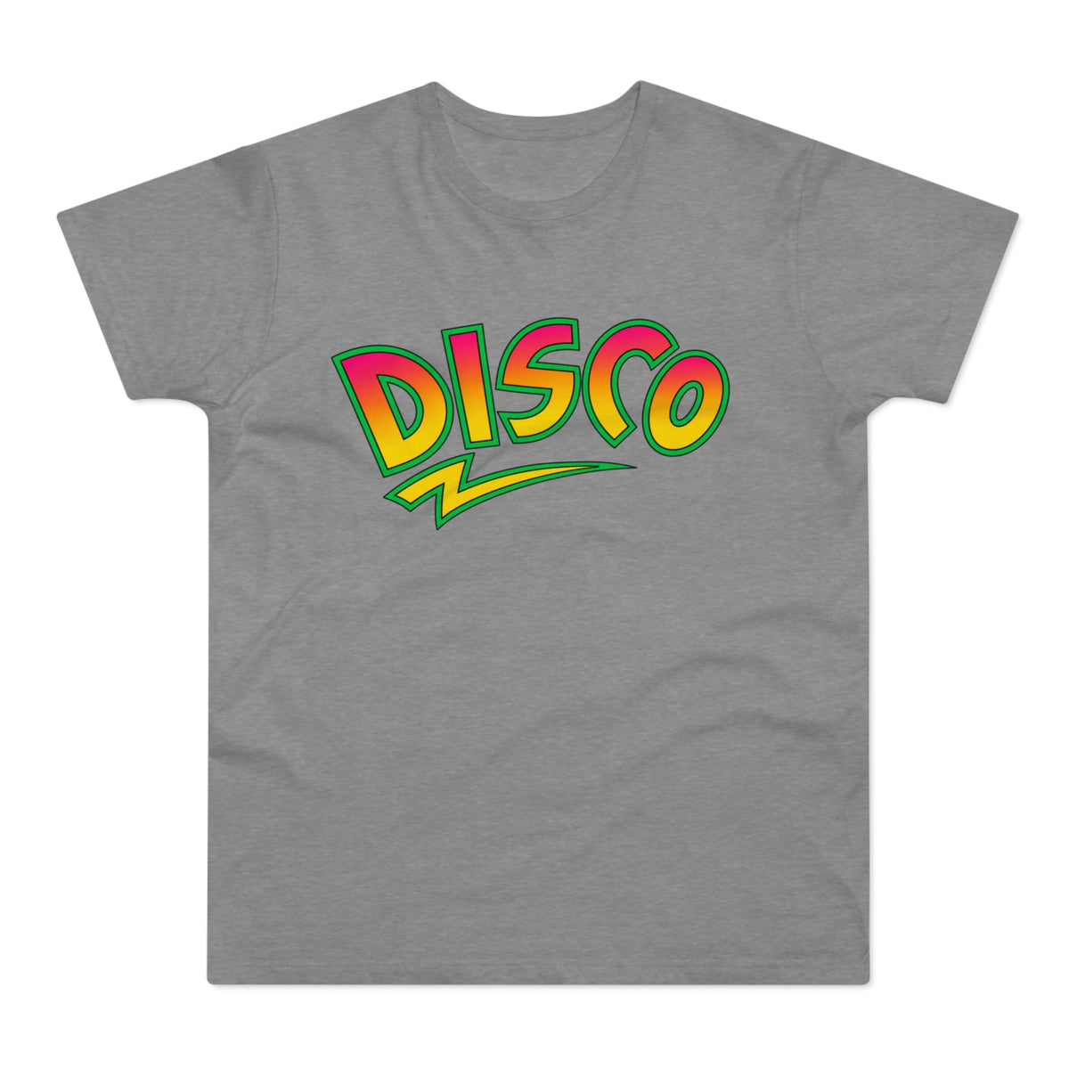 Grey t-shirt with "DISCO" text in vibrant gradient colors and a lightning bolt.