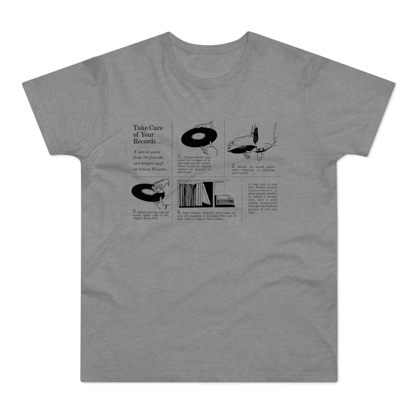 T-shirt with a schematic guide on record care and handling from Saturn Records.