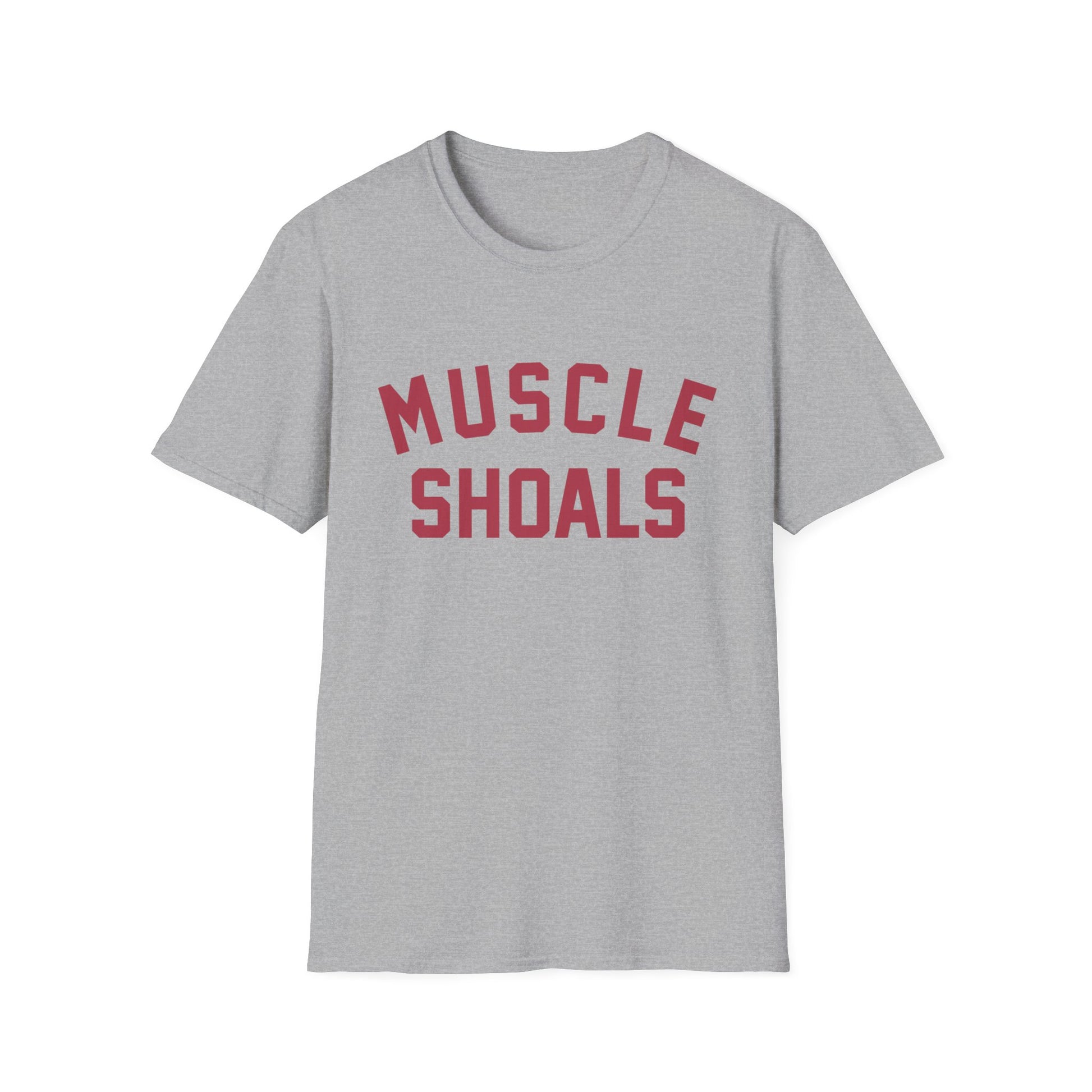 Grey t-shirt with maroon text that reads "MUSCLE SHOALS"