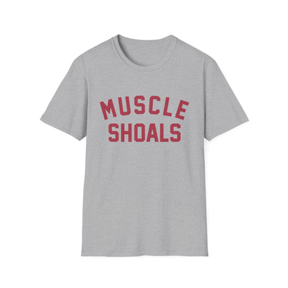 Grey t-shirt with maroon text that reads "MUSCLE SHOALS"