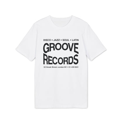White t-shirt with "Groove Records" and address printed in black.