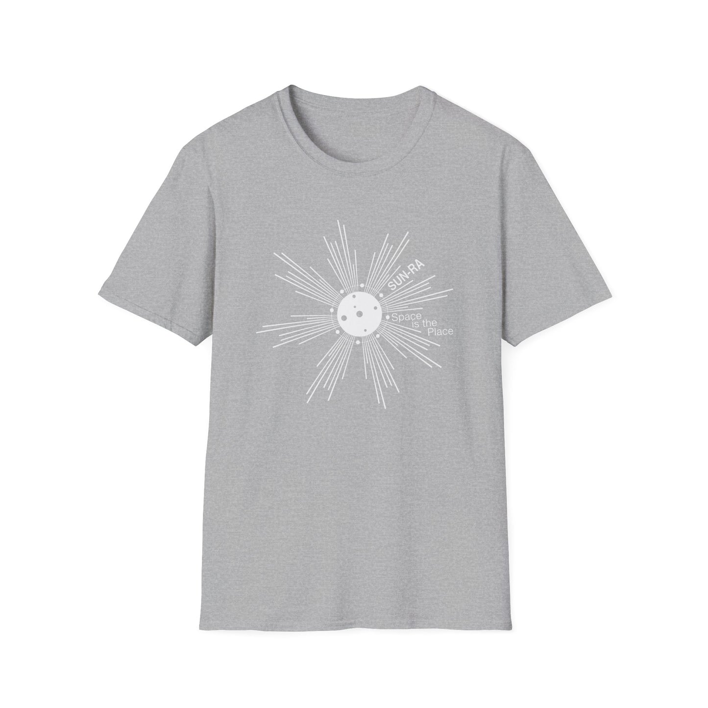 Grey t-shirt with white Sun-Ra "Space is the Place" graphic.