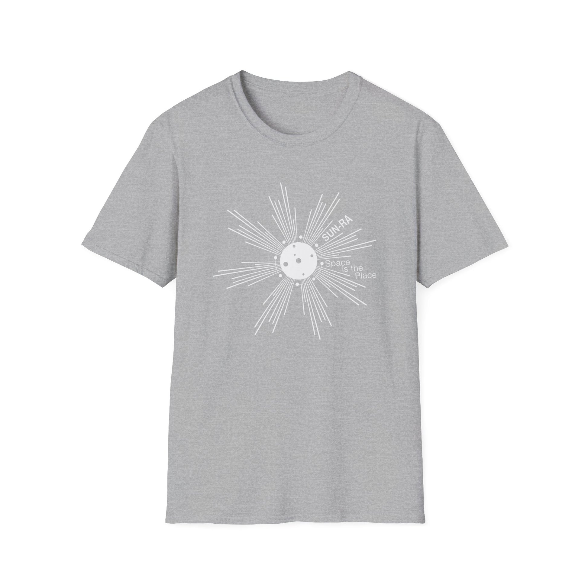 Grey t-shirt with white Sun-Ra "Space is the Place" graphic.