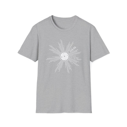 Grey t-shirt with white Sun-Ra "Space is the Place" graphic.