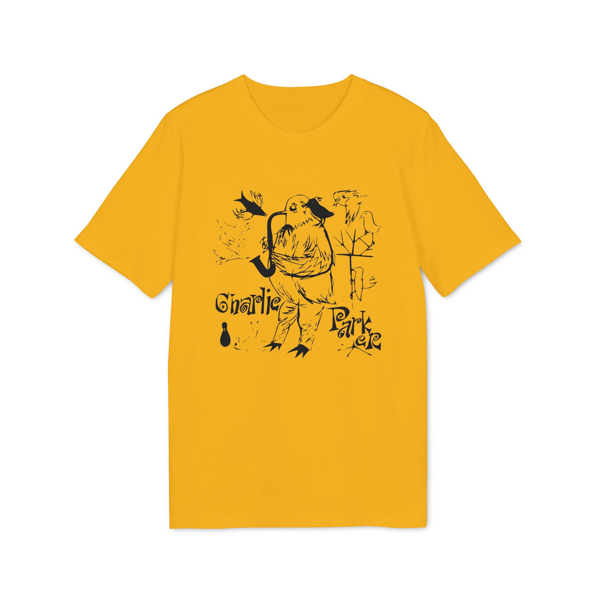 Yellow t-shirt with a black illustration of a bird playing a saxophone, with "Charlie Parker" text.
