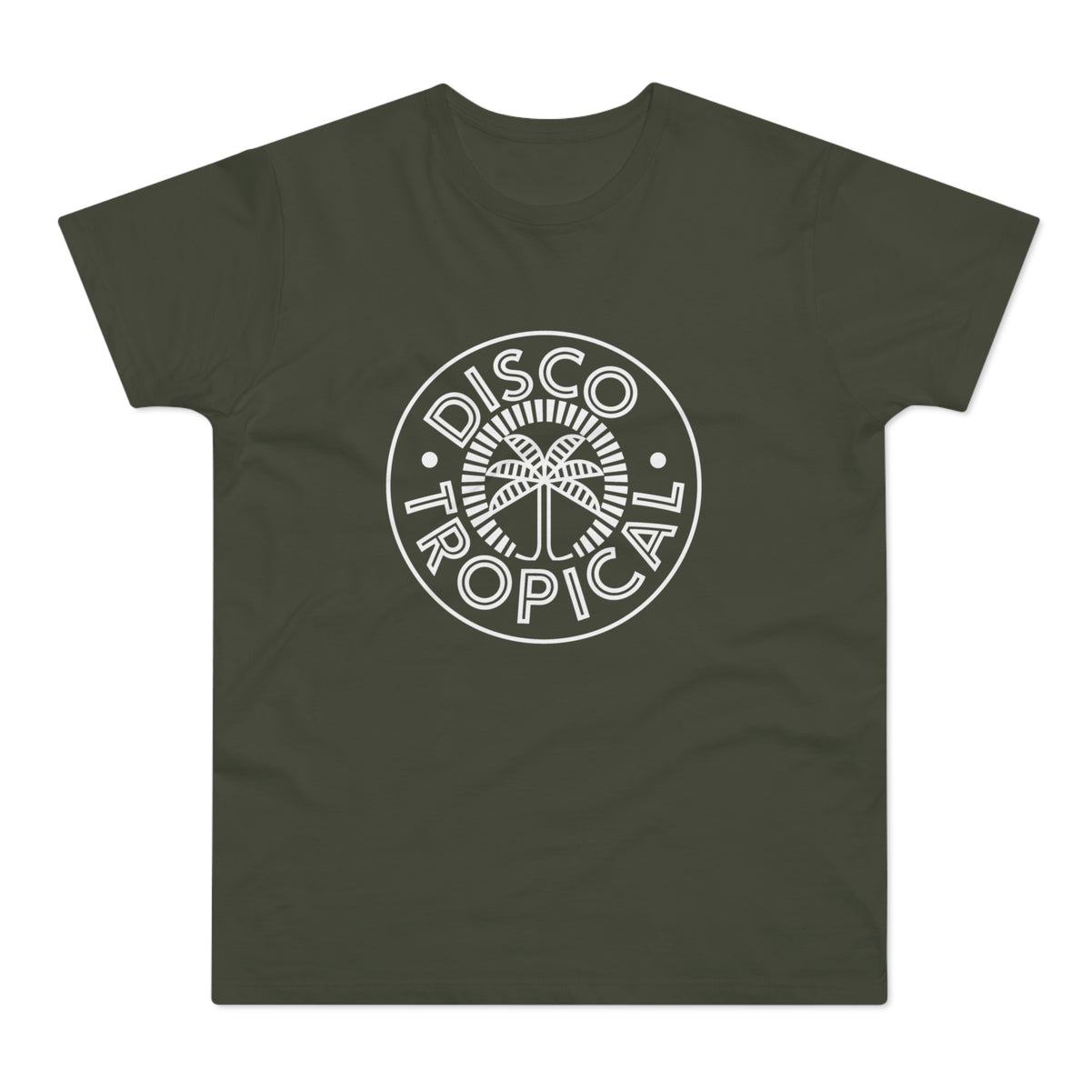Olive green t-shirt with white "DISCO TROPICAL" logo featuring a palm tree.