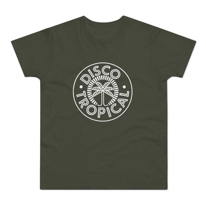 Olive green t-shirt with white "DISCO TROPICAL" logo featuring a palm tree.