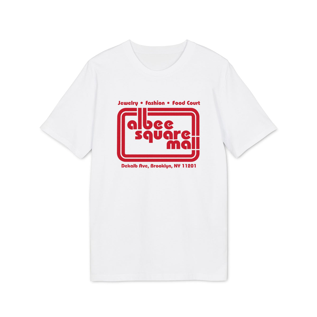 White t-shirt with red Albee Square Mall logo and Brooklyn address.