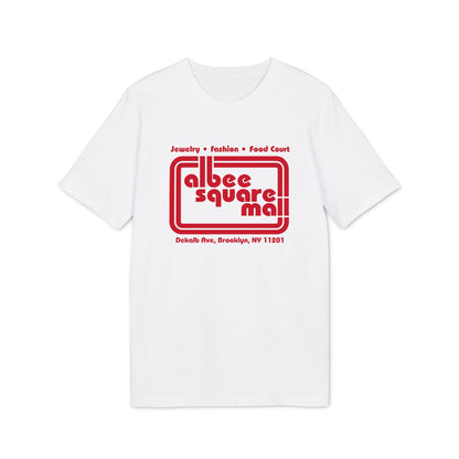 White t-shirt with red Albee Square Mall logo and Brooklyn address.
