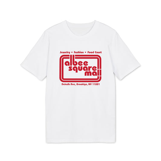 White t-shirt with red Albee Square Mall logo and Brooklyn address.