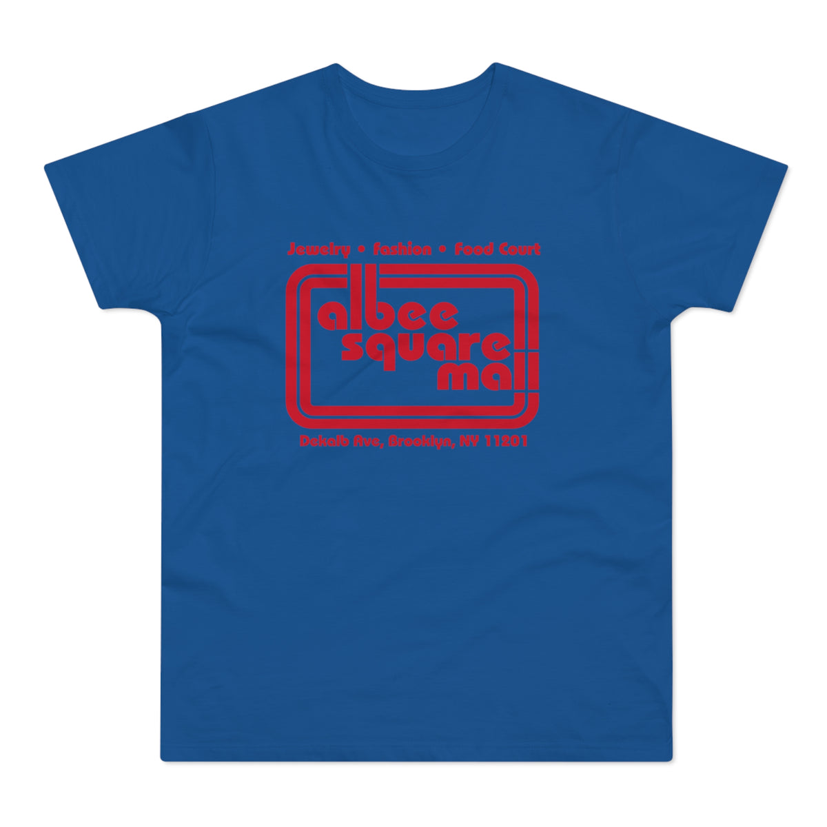 Royal blue t-shirt with red "Albee Square Mall" text and address.