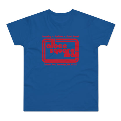 Royal blue t-shirt with red "Albee Square Mall" text and address.
