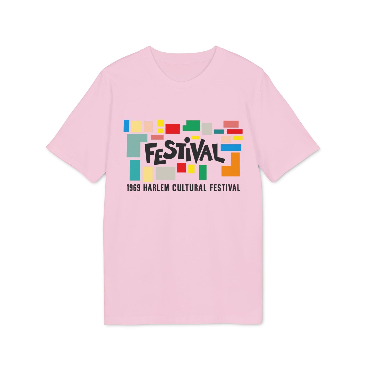 Pink t-shirt with colorful geometric festival graphic and "1969 Harlem Cultural Festival" text.