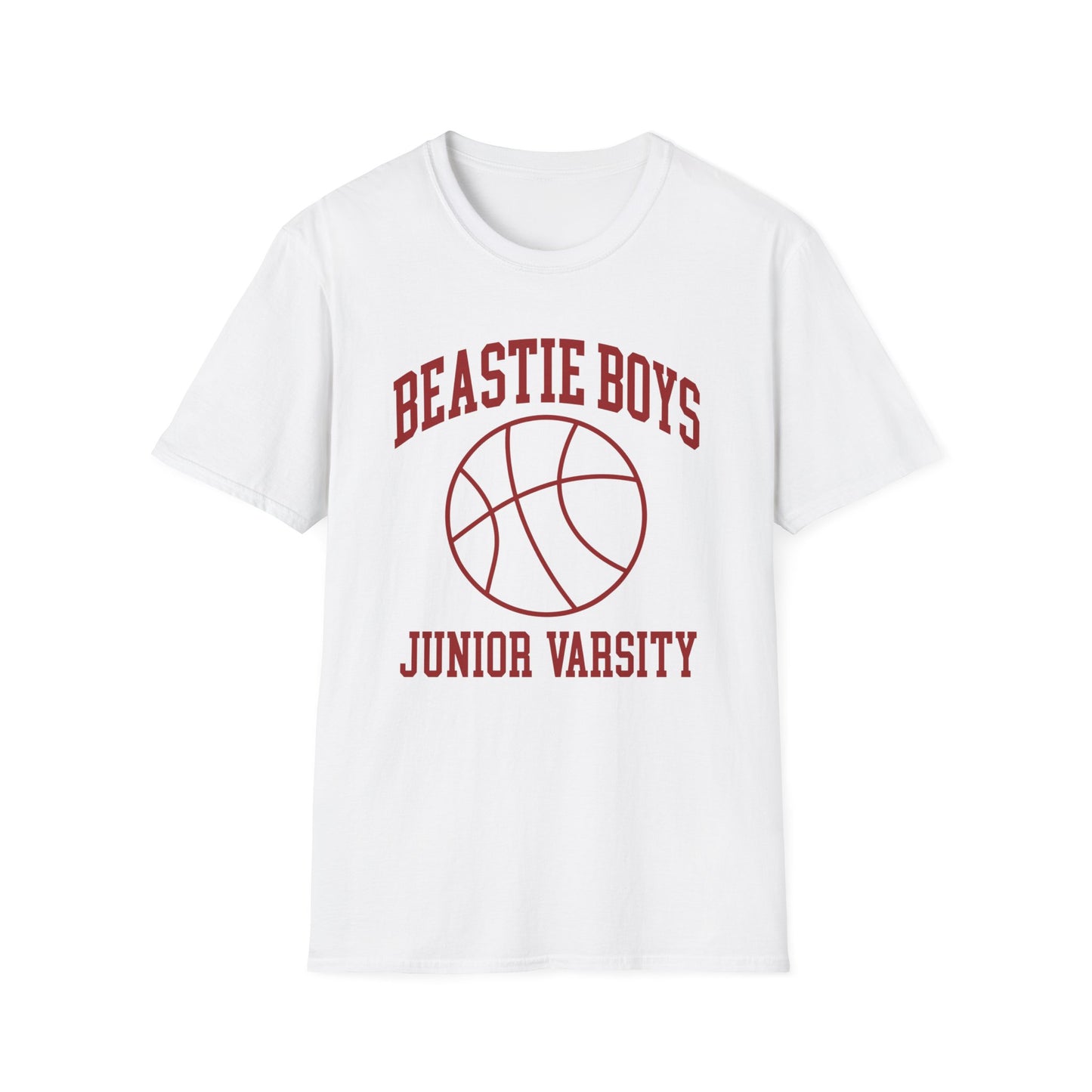 White t-shirt with maroon "Beastie Boys Junior Varsity" text and basketball graphic.