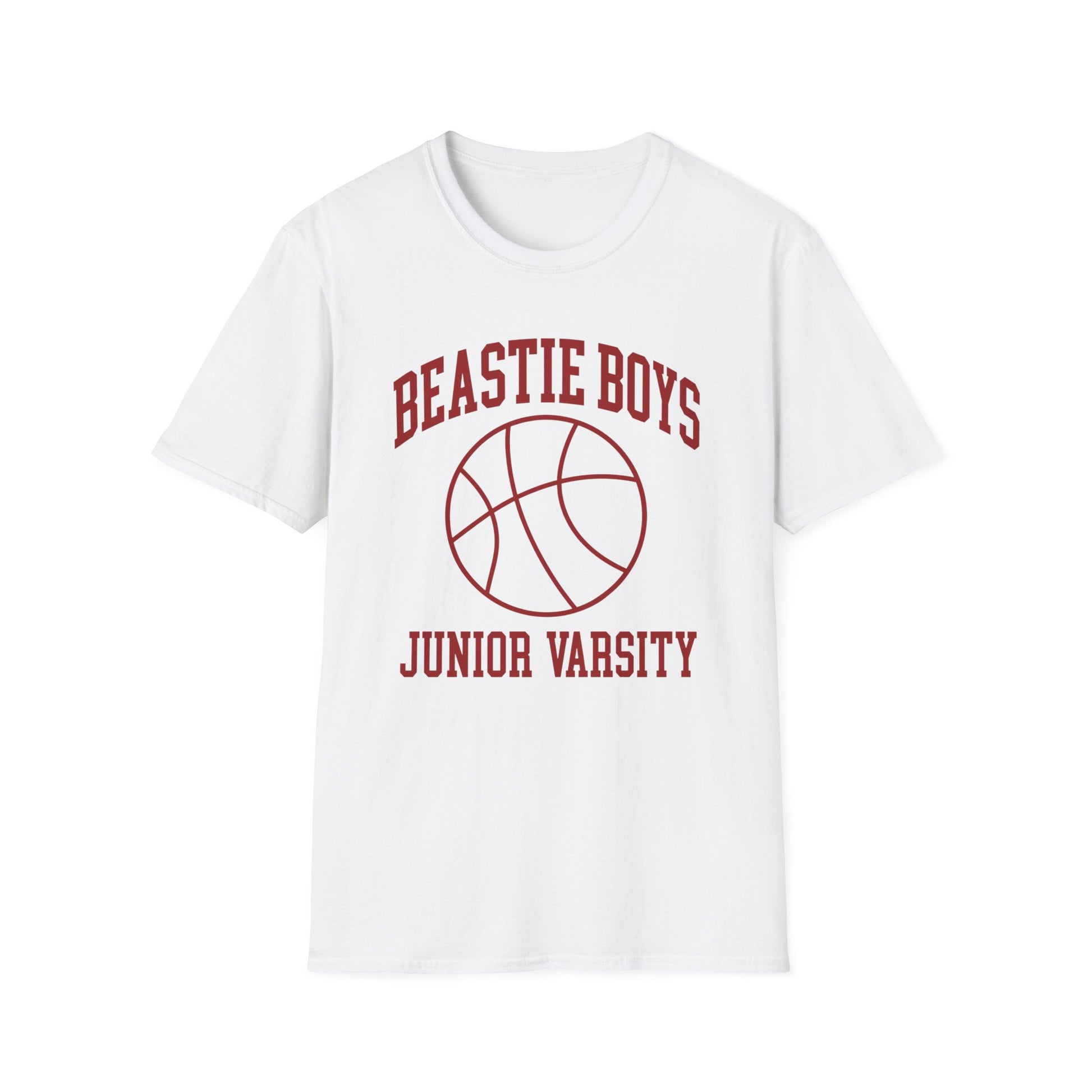 White t-shirt with maroon "Beastie Boys Junior Varsity" text and basketball graphic.
