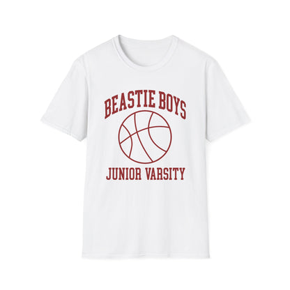White t-shirt with maroon "Beastie Boys Junior Varsity" text and basketball graphic.