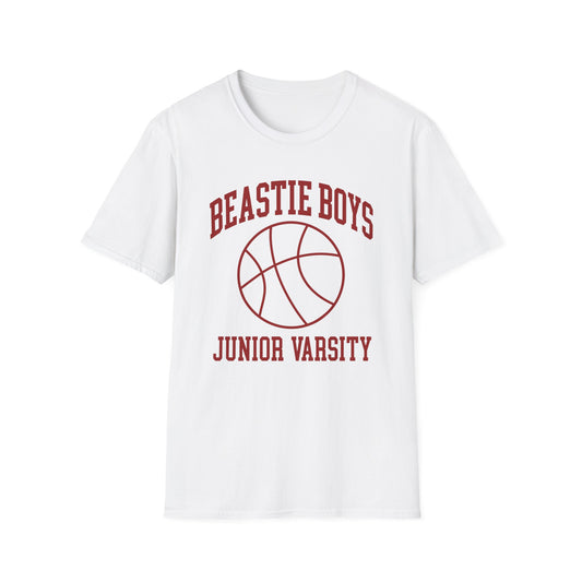 White t-shirt with maroon "Beastie Boys Junior Varsity" text and basketball graphic.