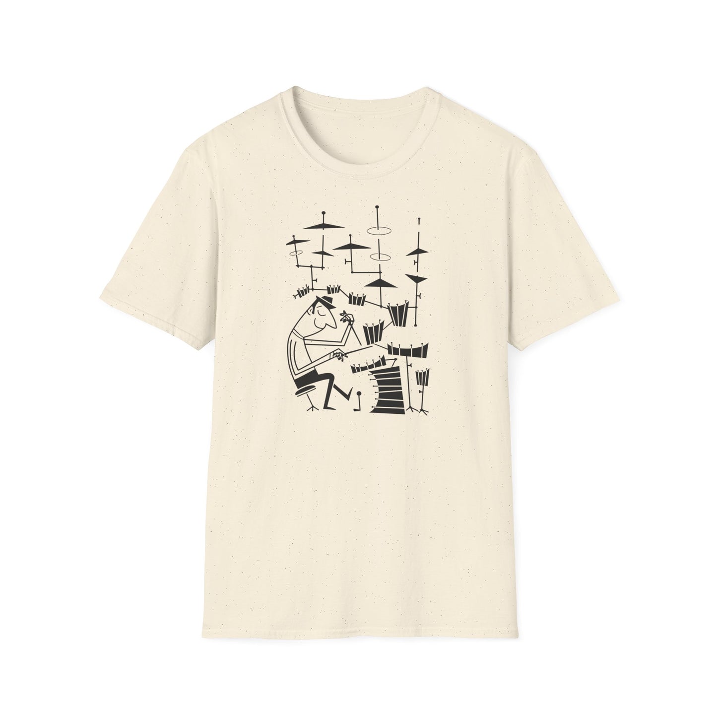 Black cartoon drummer playing a drum set on a light cream t-shirt.
