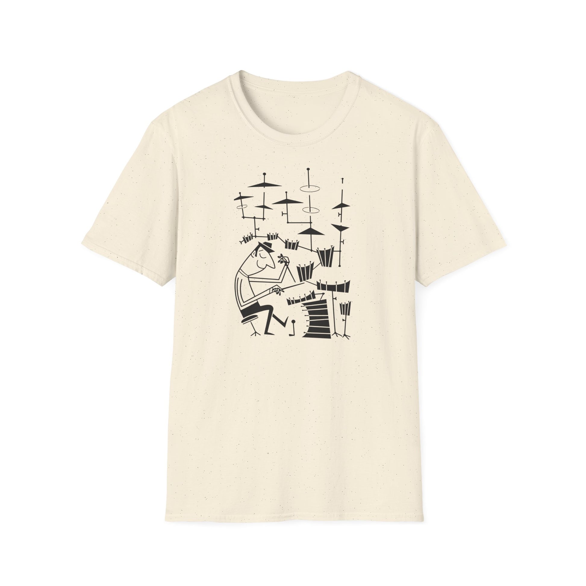 Black cartoon drummer playing a drum set on a light cream t-shirt.