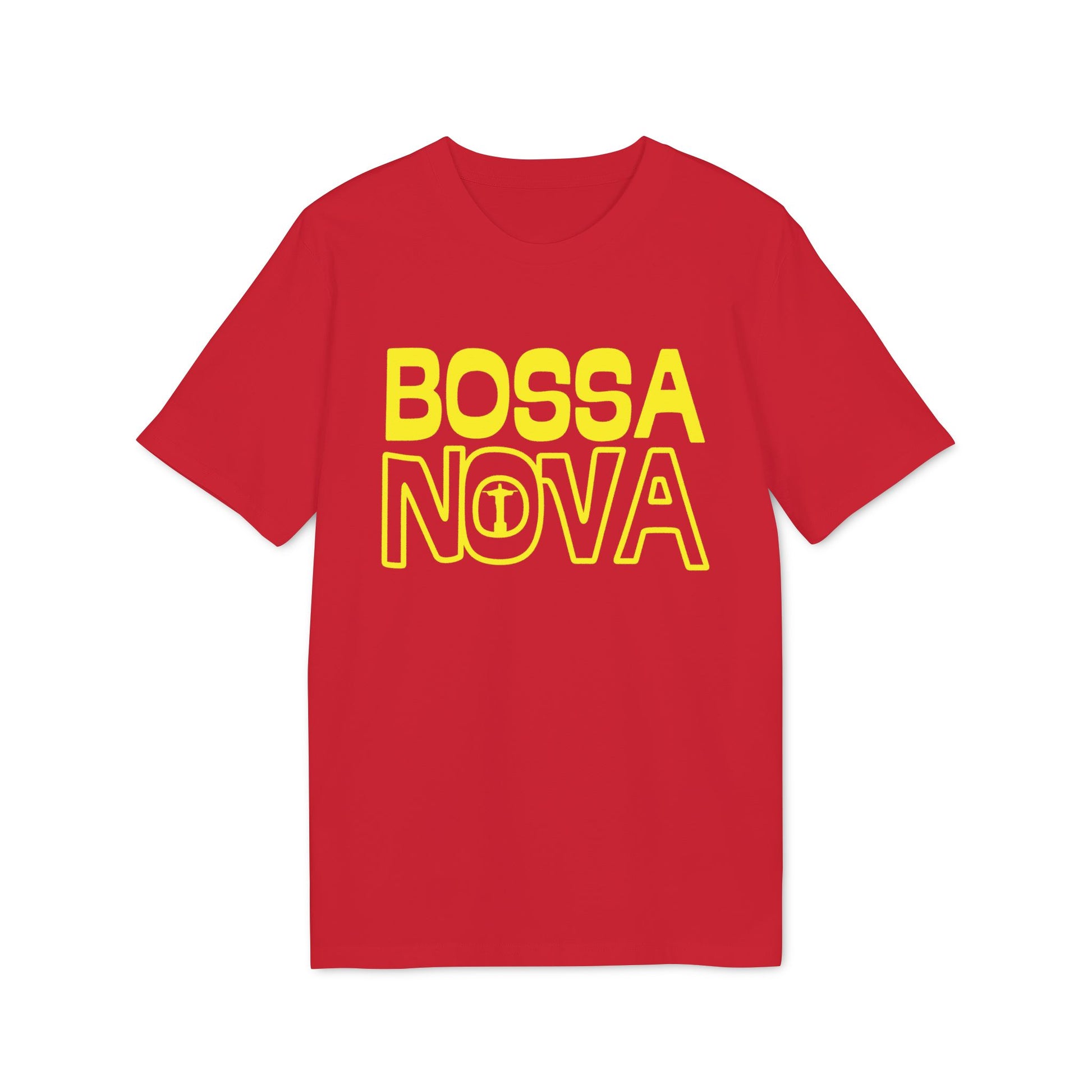 Red t-shirt with yellow "BOSSA NOVA" text and Christ the Redeemer icon.