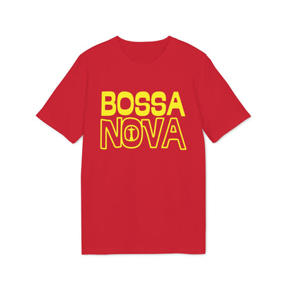 Red t-shirt with yellow "BOSSA NOVA" text and Christ the Redeemer icon.