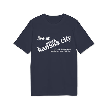 Navy t-shirt with "live at max's Kansas City" and address in white text.