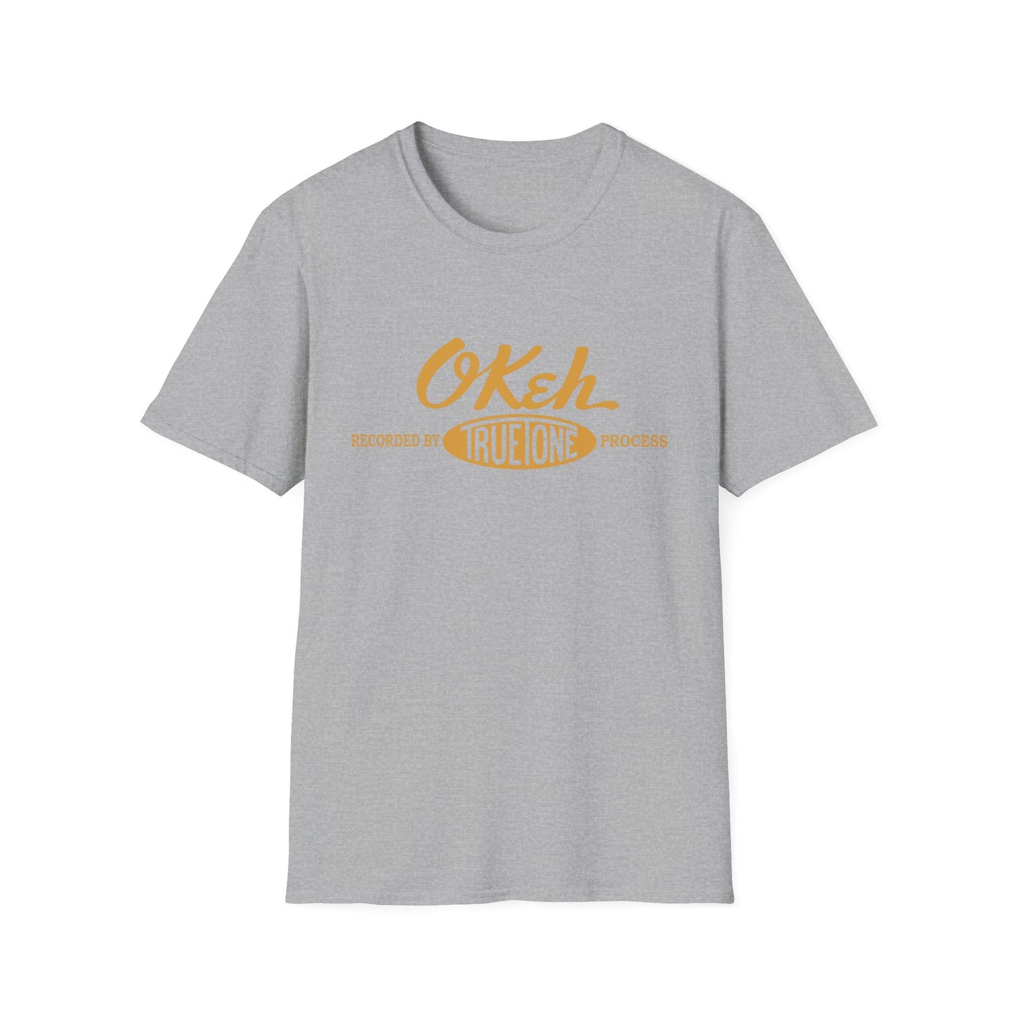 Grey t-shirt with "Okeh" logo and "Recorded by True One Process" text.