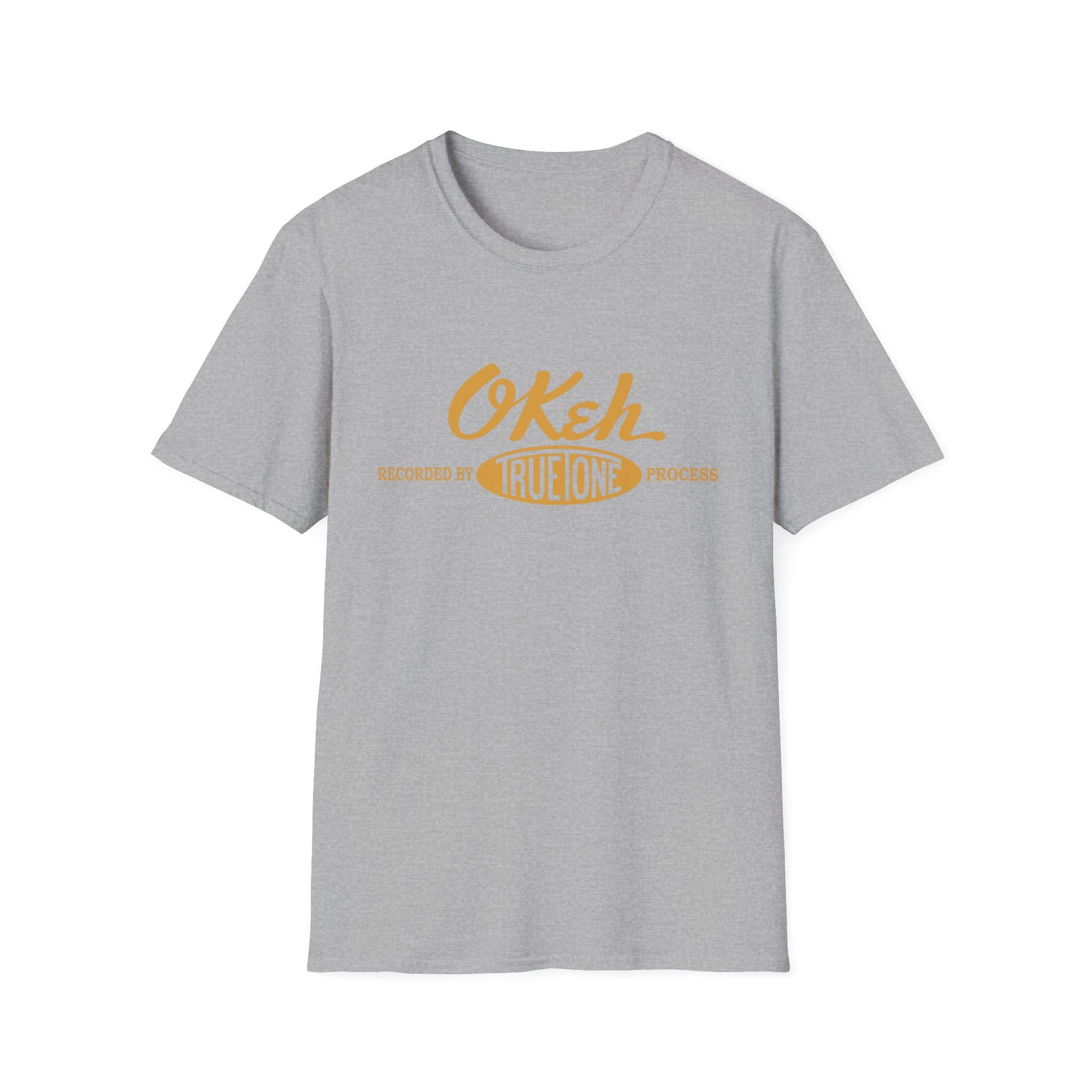 Grey t-shirt with "Okeh" logo and "Recorded by True One Process" text.