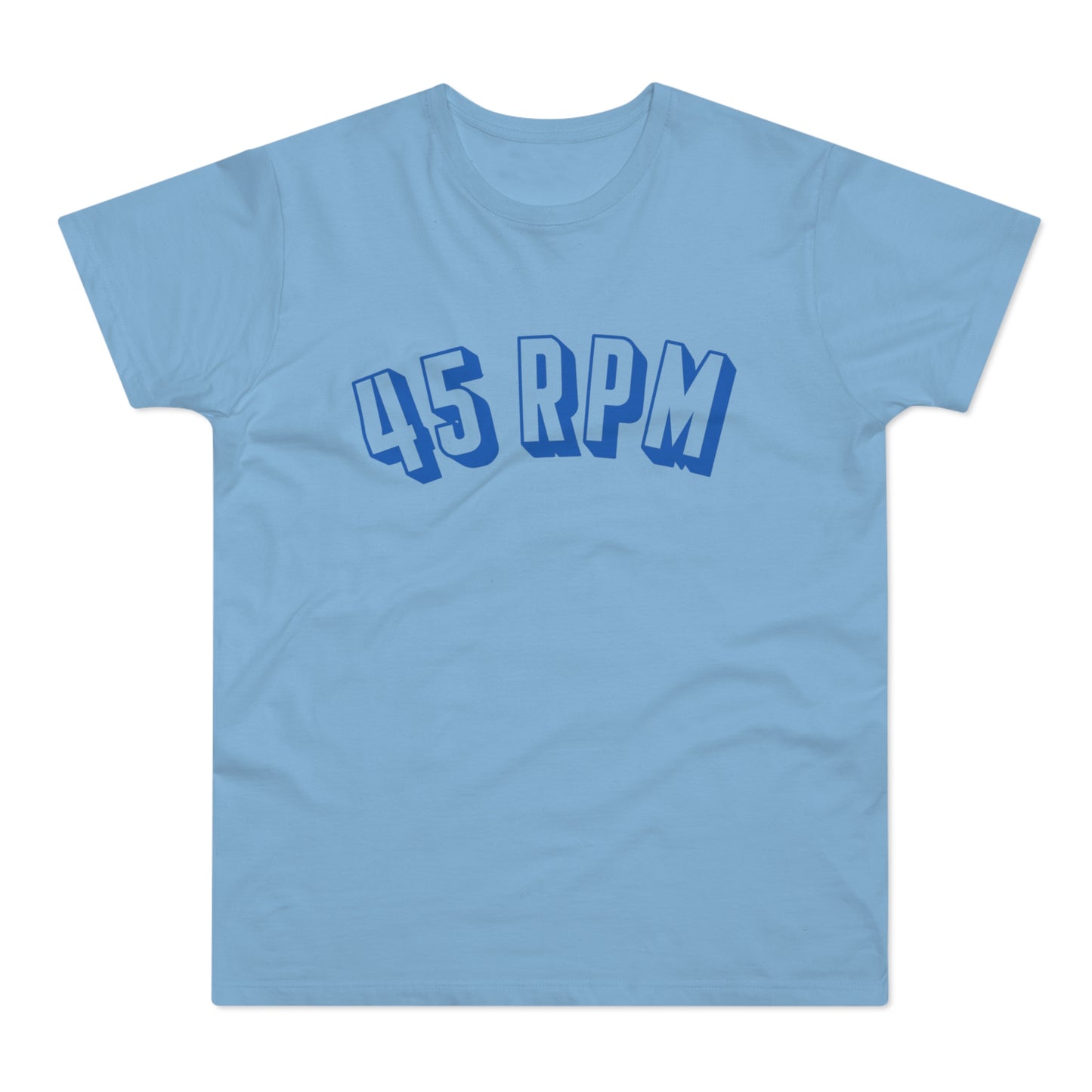 Light blue t-shirt with "45 RPM" text in bold blue lettering.