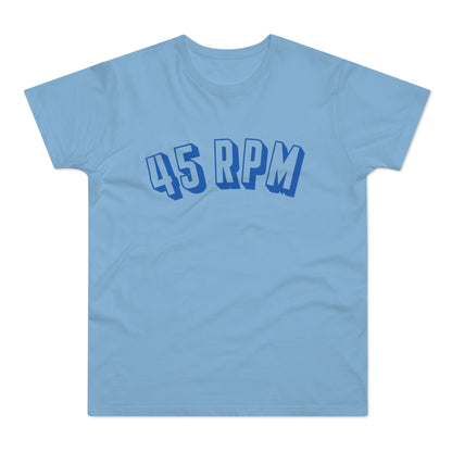 Light blue t-shirt with "45 RPM" text in bold blue lettering.
