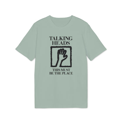 Light green t-shirt with "Talking Heads" and "This Must Be The Place" text and hand graphic.
