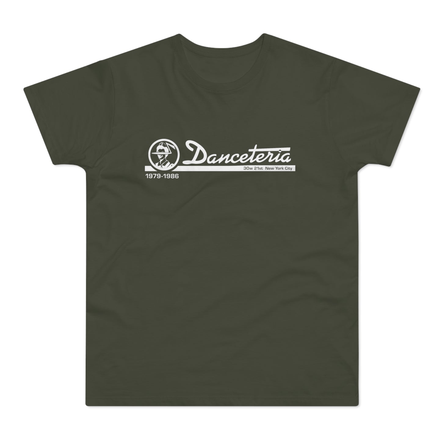 Olive t-shirt with white "Danceteria" logo, "1979-1986," and address.
