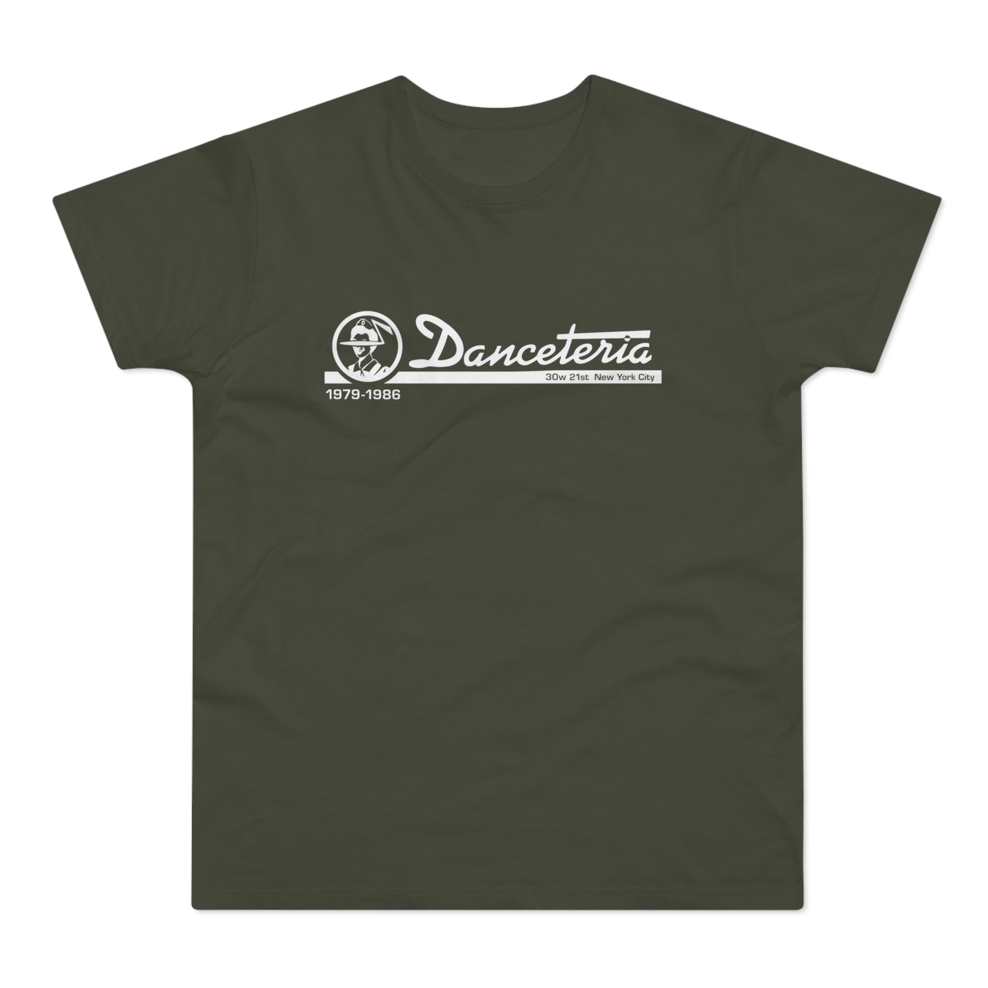 Olive t-shirt with white "Danceteria" logo, "1979-1986," and address.