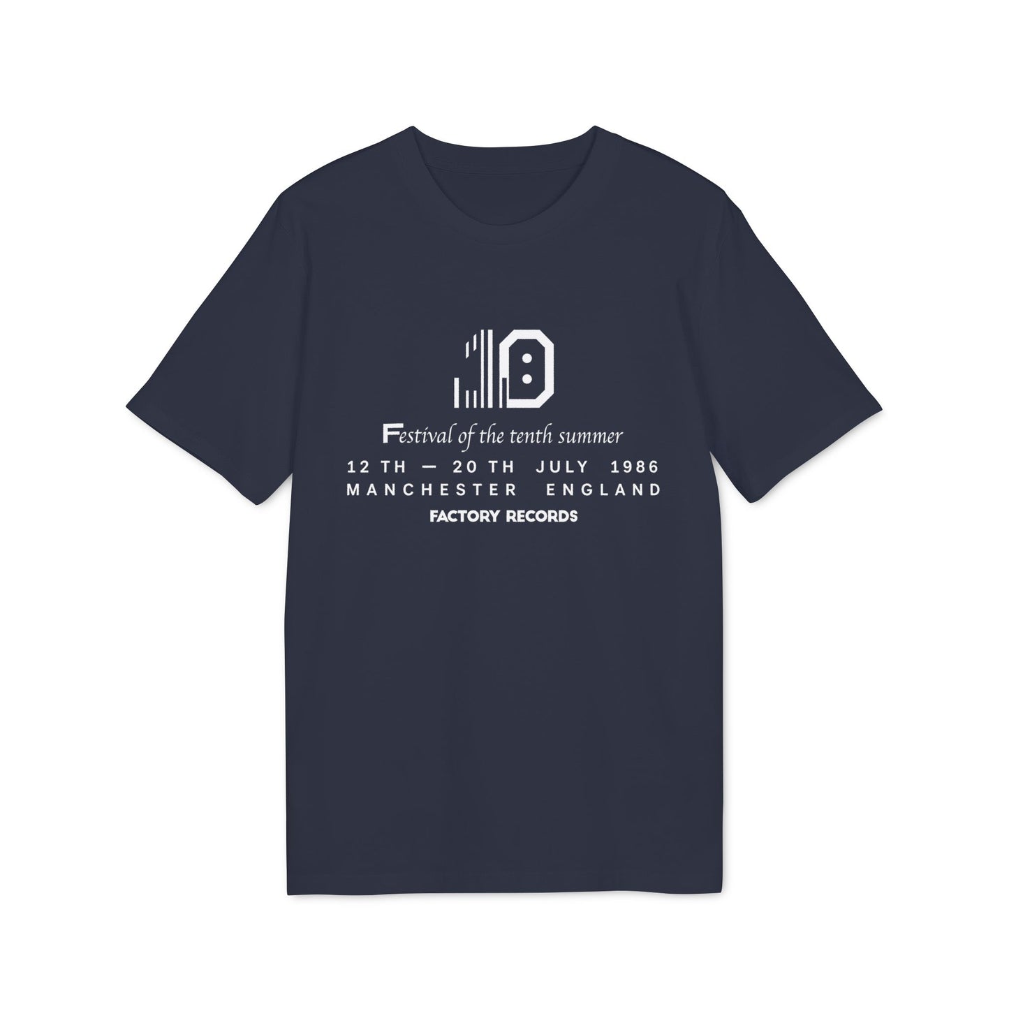 Dark blue t-shirt with white text and graphic for Factory Records festival.