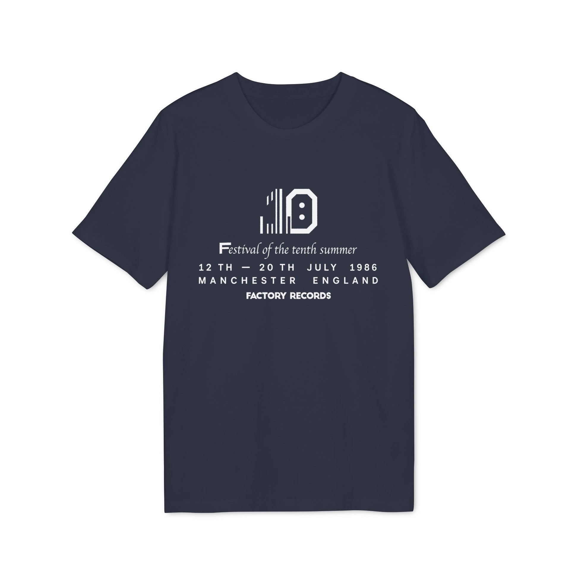 Dark blue t-shirt with white text and graphic for Factory Records festival.