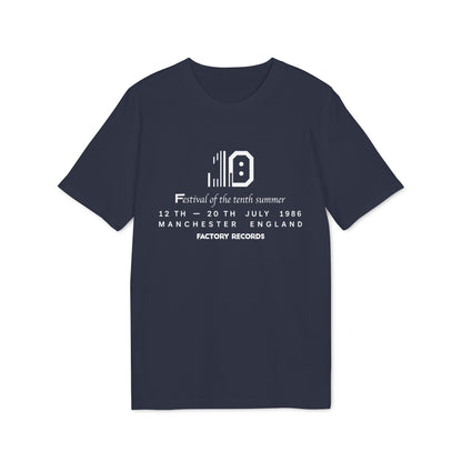 Dark blue t-shirt with white text and graphic for Factory Records festival.